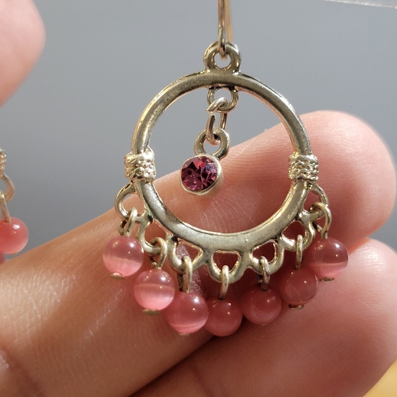 Silver Tone Pink Cats Eye Beaded Chandelier Earrings w/ Hot Pink Rhinestones - Picture 7 of 7